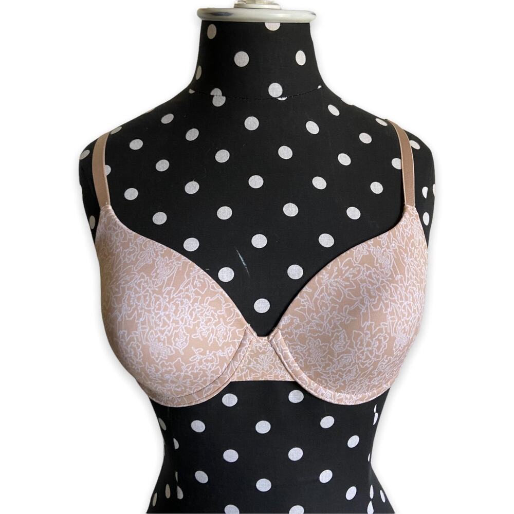 Ellen Tracy Womens Bra Size 34C Floral Print Beige T-Shirt Tee Shirt‎